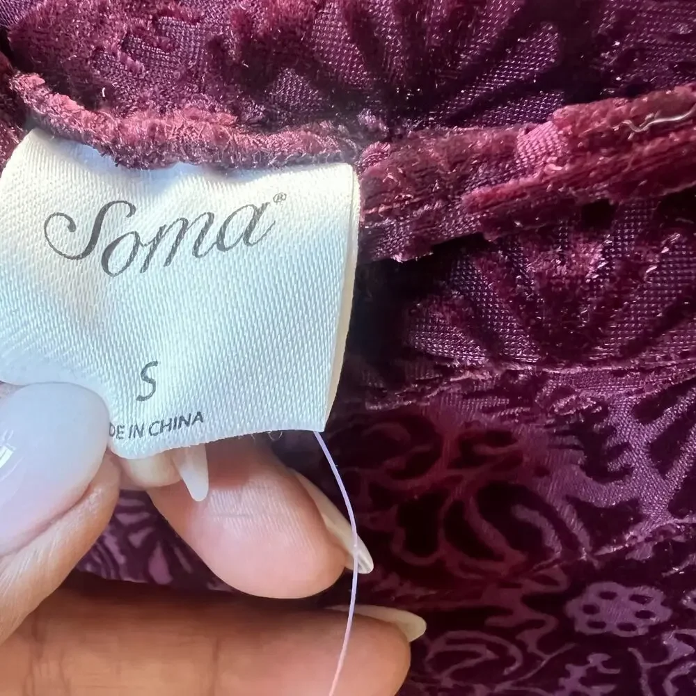 Soma Burnout Pajama Set Women's S/M Merlot Velvet Open Front Luxury Loungewear